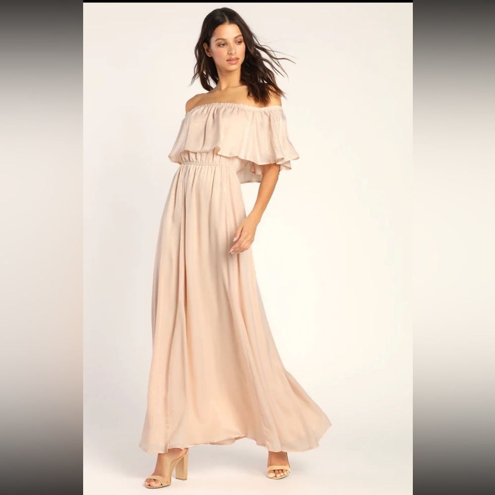 Light peach off-the-shoulder satin maxi dress